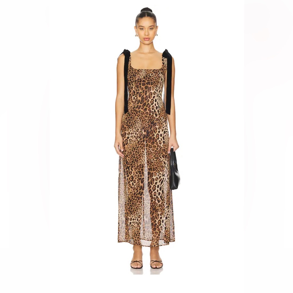 Leopard Print Tie-Shoulder Maxi Dress - Brown/Black